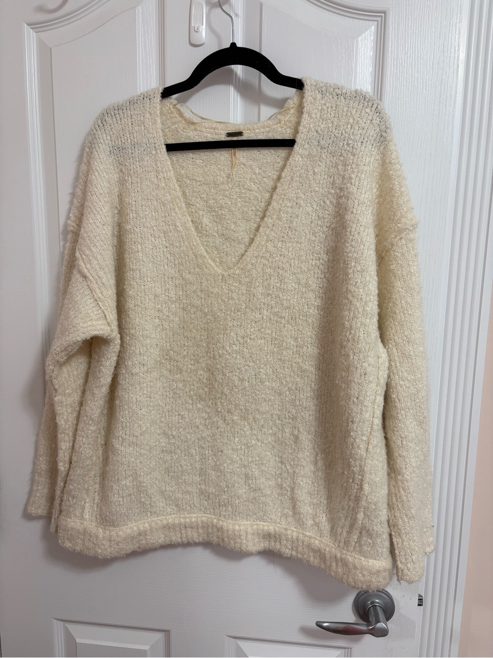 Free People Cream V-Neck Bouclé Sweater